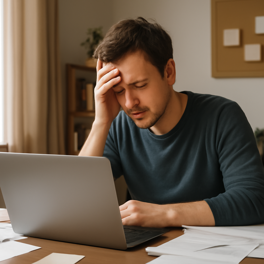 Person sitting at desk with laptop, looking worried, surrounded by papers and notes in a calm home office setting.