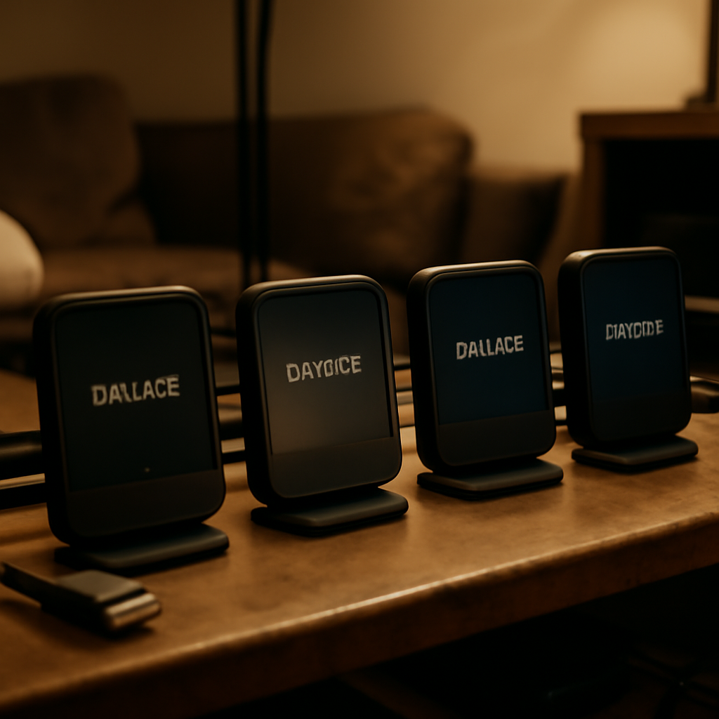 A row of set-top streaming boxes on a cluttered shelf with scattered wires in a dimly lit living room.