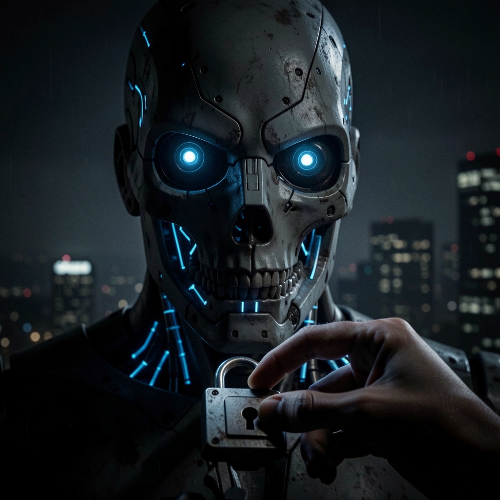 Ominous robotic head with glowing circuits looms over cityscape, with a hand poised to control it.