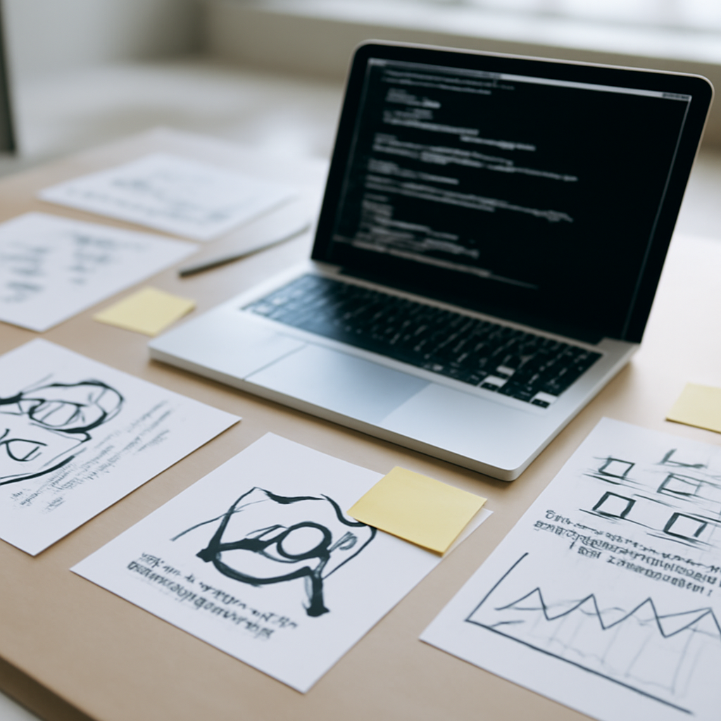 A cluttered workspace with a laptop, papers, and coding materials on a clean surface.