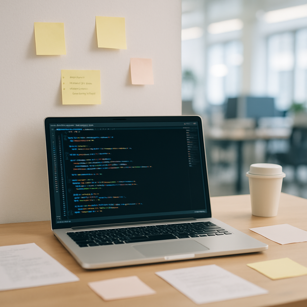 Software developer's workstation with laptop, notes, and papers, set against a blurred office background.