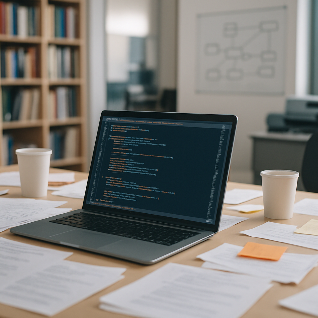 Cluttered desk with laptop displaying code, papers, and coffee cups, in a blurred office background.