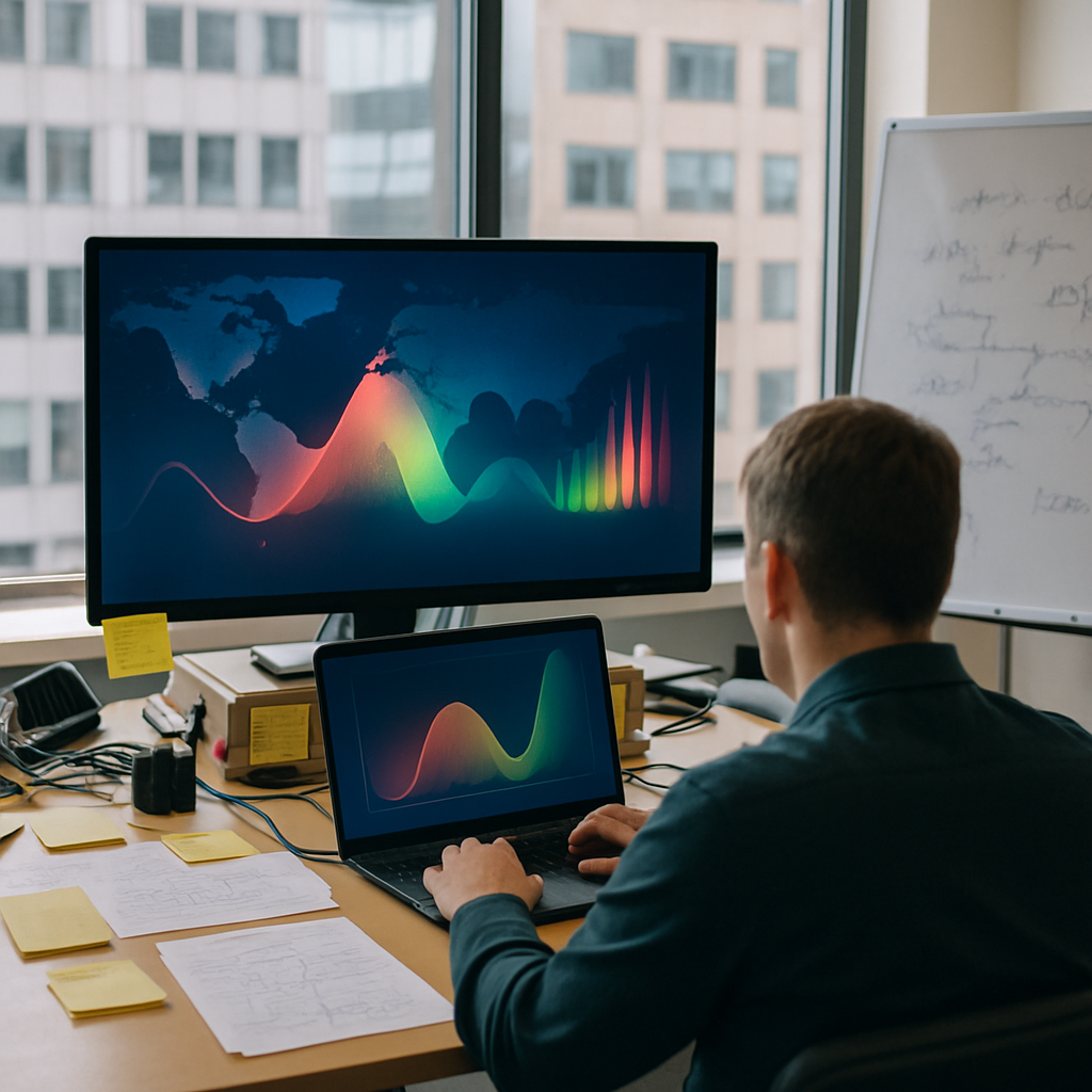 Security team works at a workstation with multiple monitors in a brightly-lit operations center overlooking a cityscape.