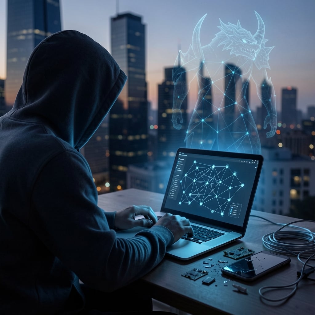Lone figure in hoodie sits before laptop with eerie blue glow, displaying complex network diagram.