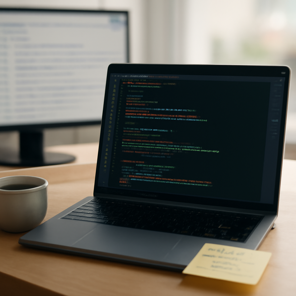 Developer workstation with code on laptop, coffee, and notes, with a large open-source project repository in the blurred…