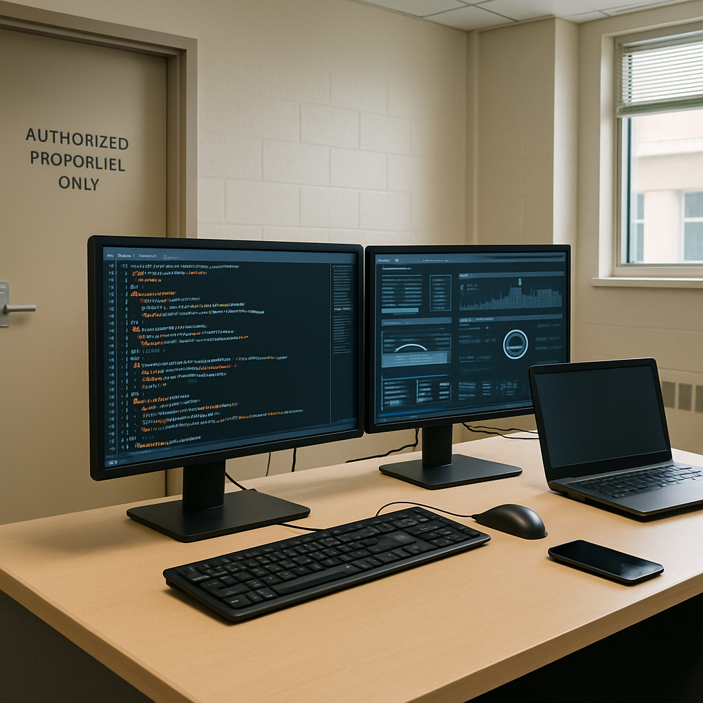 Secure computer workstation with multiple monitors displaying code and system dashboard in a neutral-colored setting.