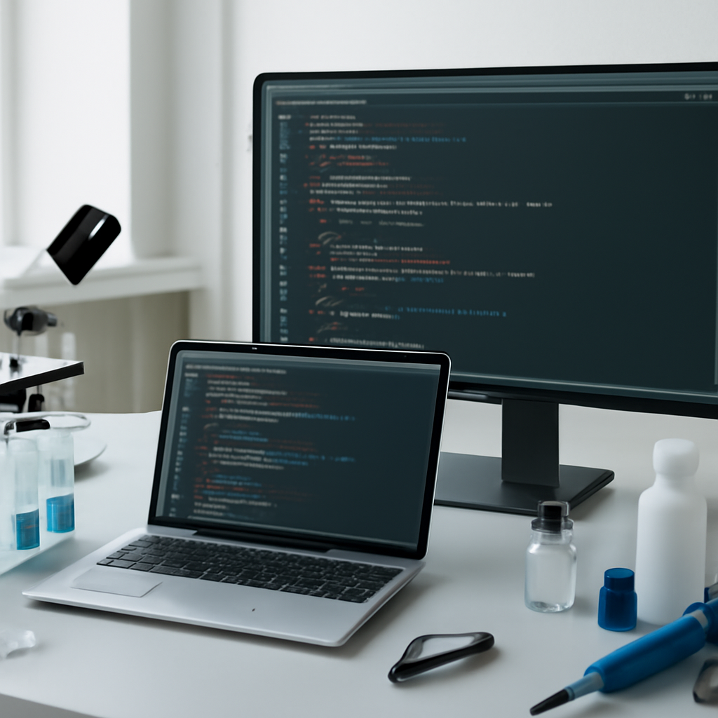 Minimalist lab setting with laptop, coding tools, and monitor displaying lines of code.