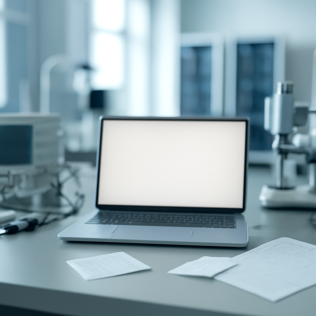 Laboratory workbench with computer equipment and papers, focusing on an empty laptop screen.