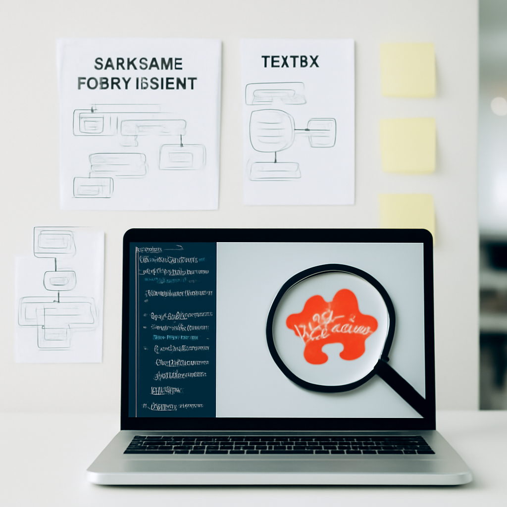 Software development workspace with laptop, notes, and diagrams on a wall or board.
