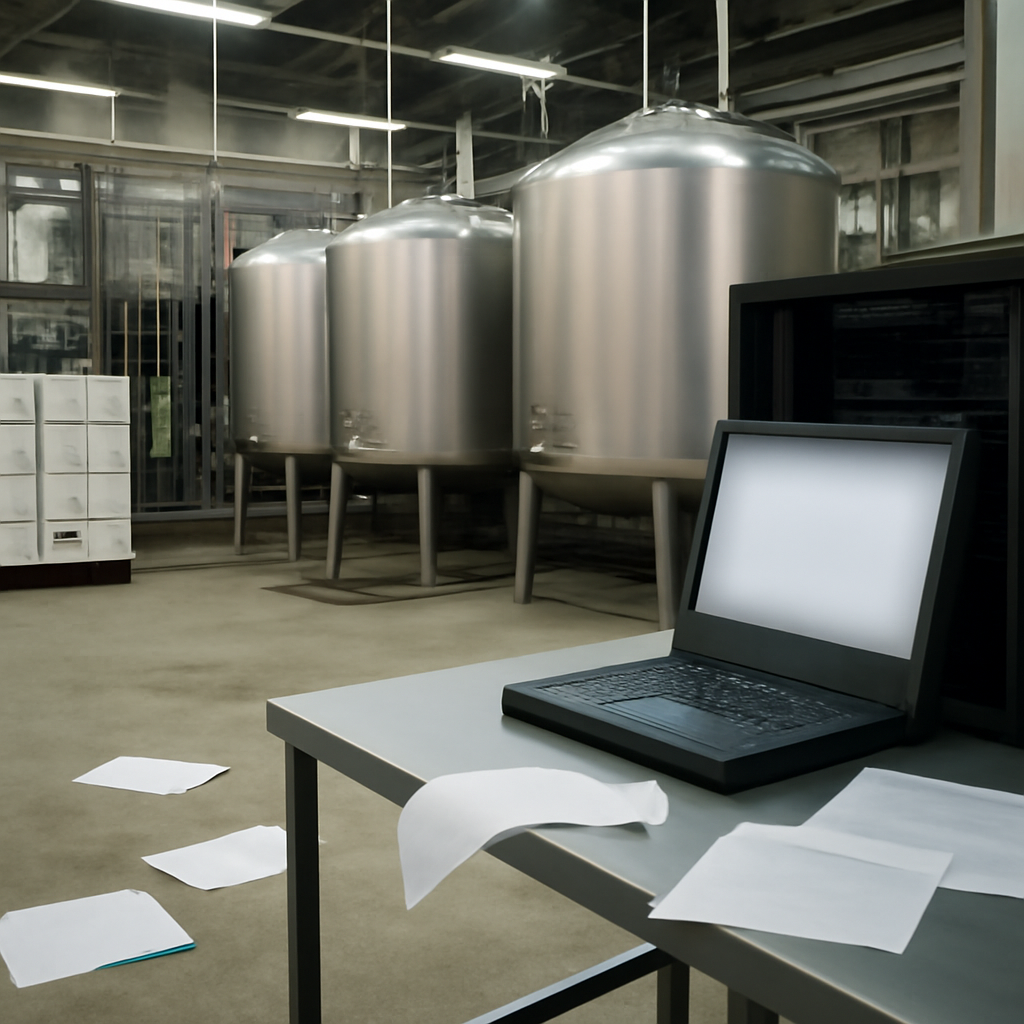 Dairy factory computer workstation with scattered papers and industrial equipment in the background.
