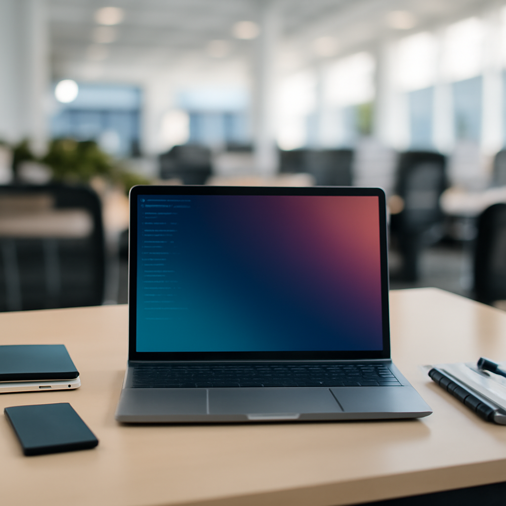 Modern software development workspace with laptop and coding tools on a clean desk surrounded by empty chairs and office…