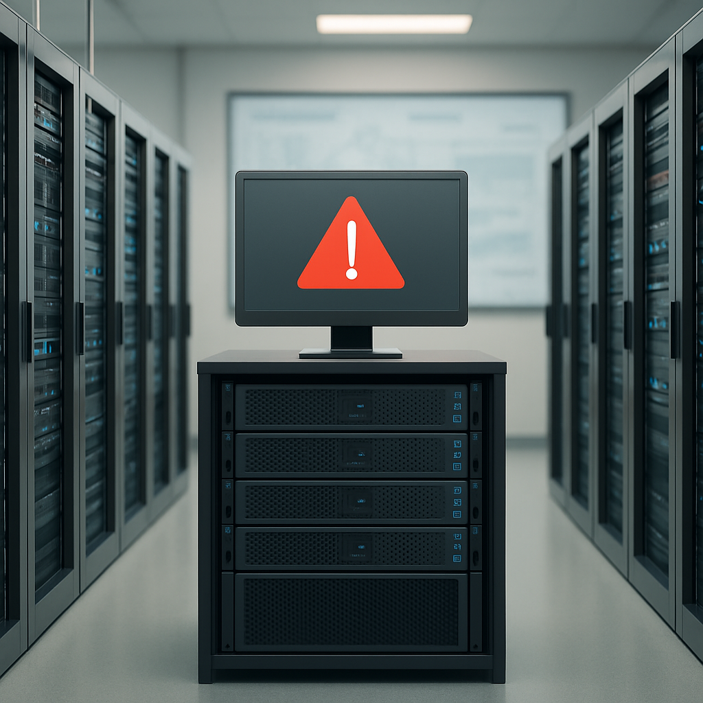 Rows of computer servers and networking equipment in a brightly-lit server room with a subtle hint of a web server…