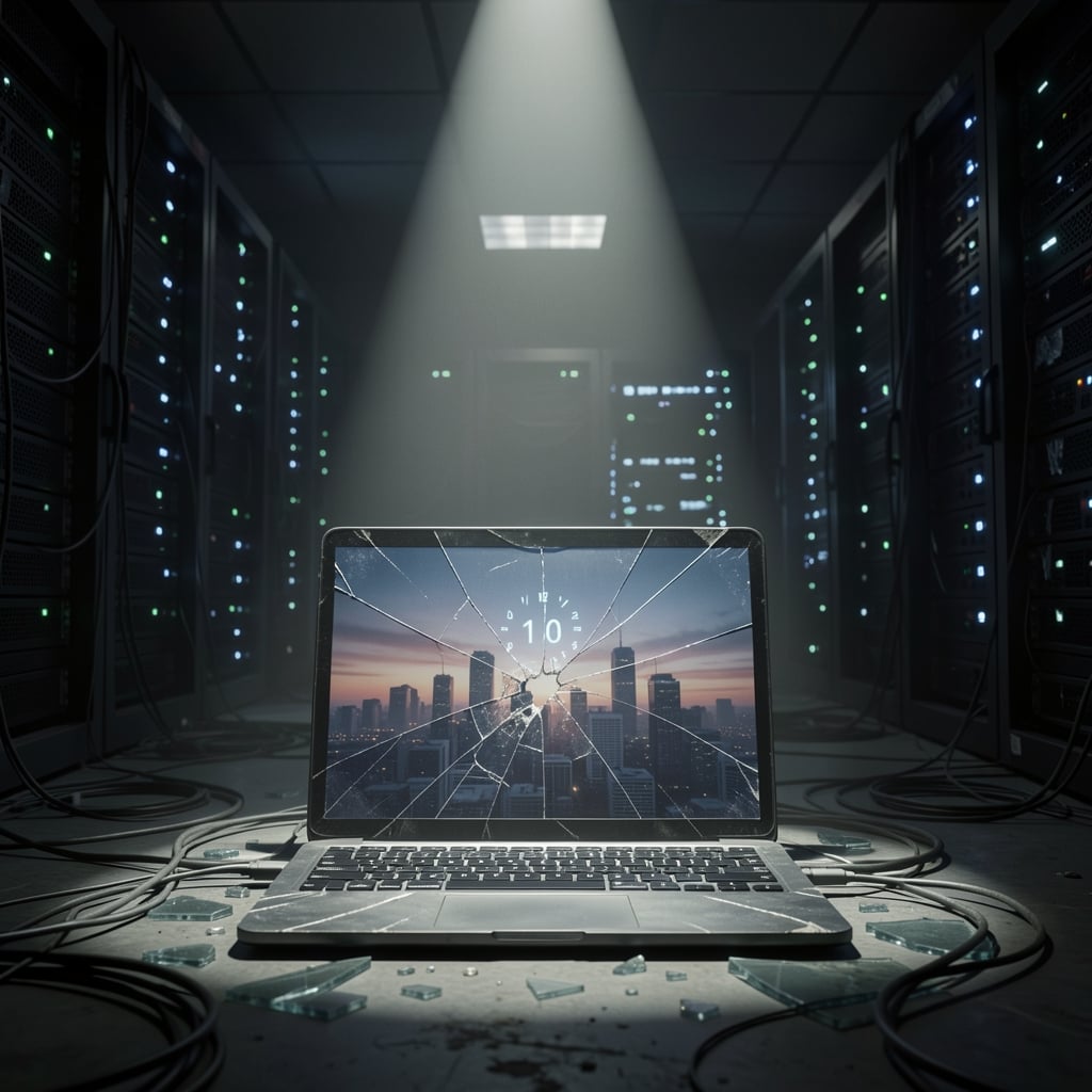 Dimly lit server room with ominous spotlight on a fragile laptop displaying a ghostly cityscape.