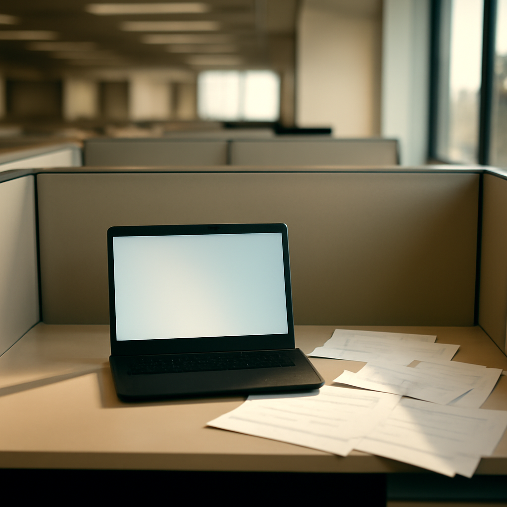 Empty office cubicle with laptop and papers, set against blurred background of larger office space with cityscape outside.