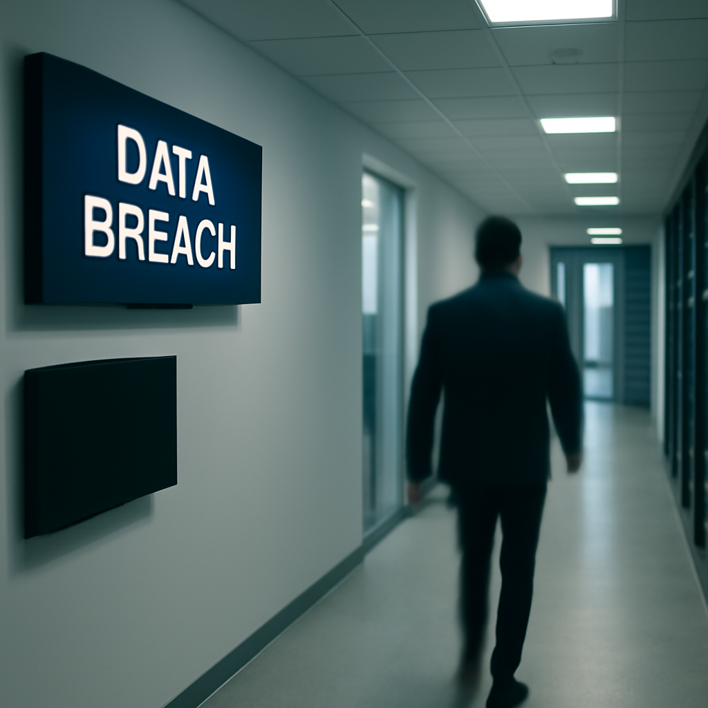 Blurred figure walks past office building with server racks in background.