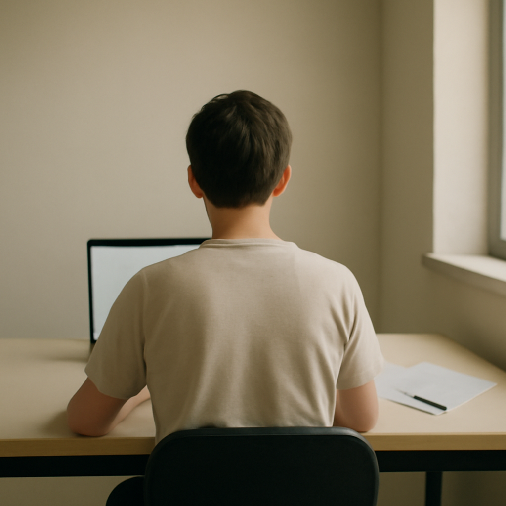 Person sits at desk with laptop and papers in a neutral setting.
