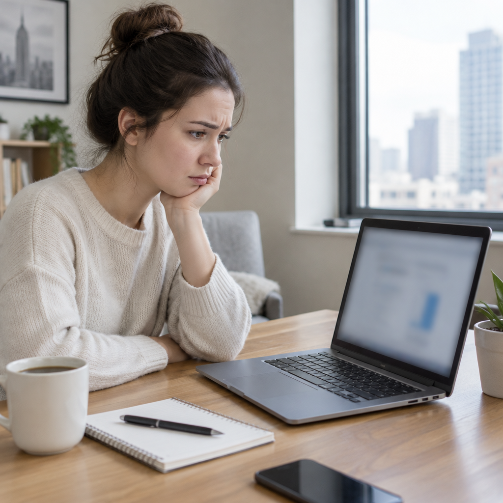 Person sitting in quiet room with laptop, notebook, and coffee, with cityscape visible through window.