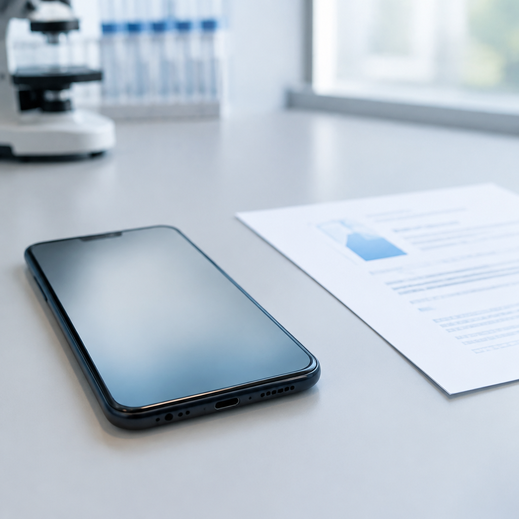 Modern smartphone on a clean surface with blurred screen and subtle lab background.