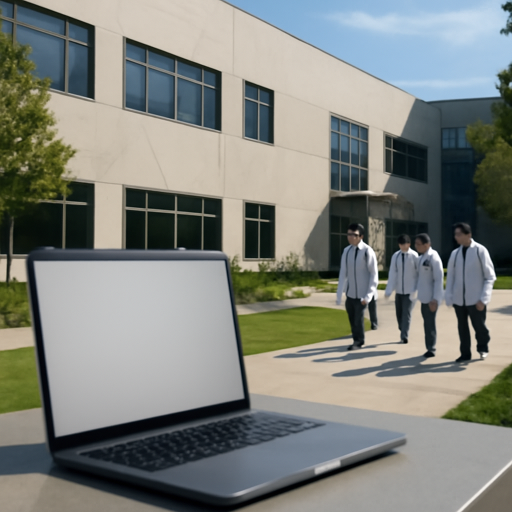 Modern tech facility with sleek building and laptop in foreground.