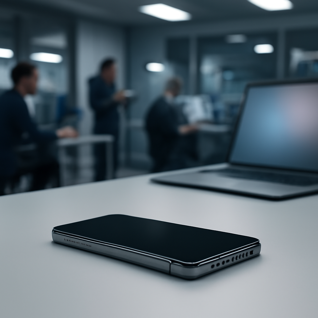 Secure facility interior with people working in background and iPhone in foreground.