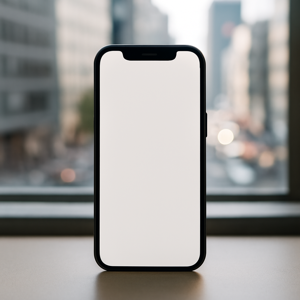 Smartphone on a neutral surface with blurred cityscape background.