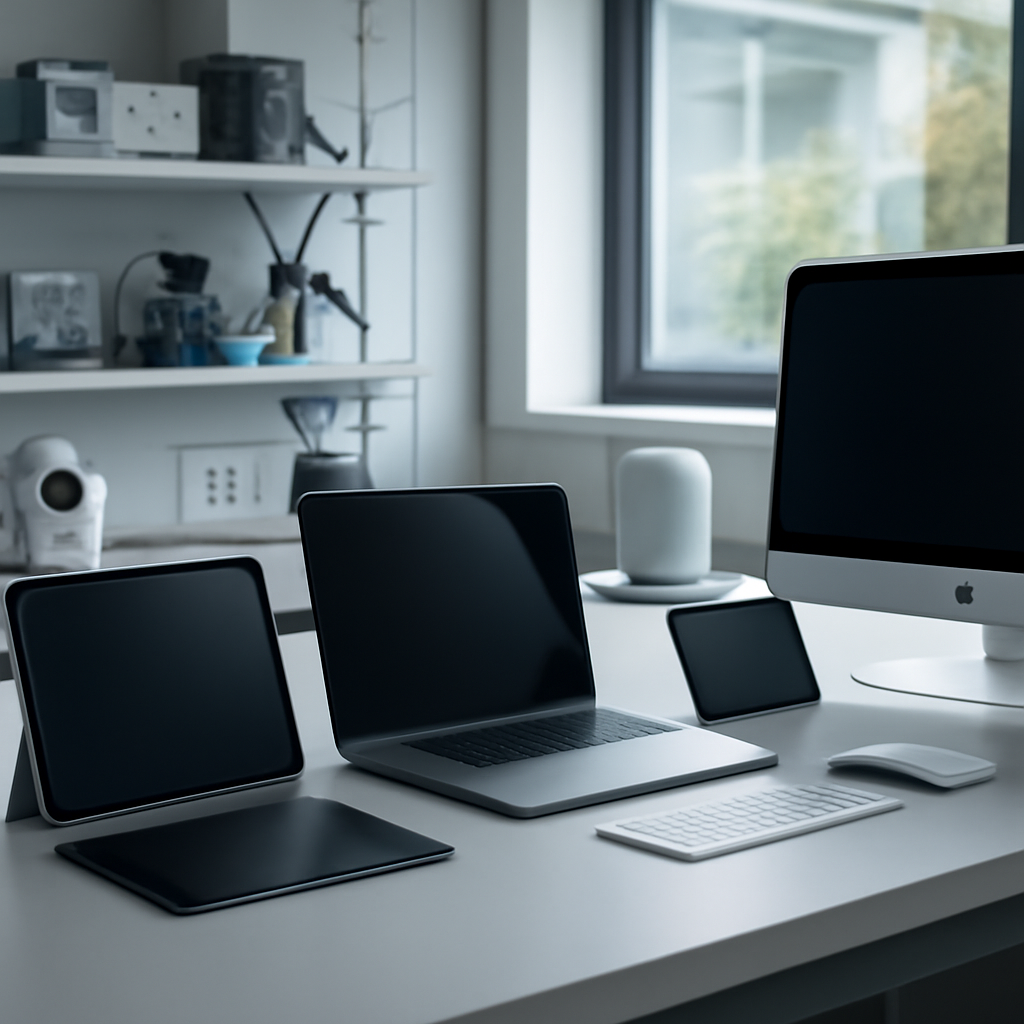 Modern tech lab with Apple devices on a clean workbench, lit by natural light from a large window.