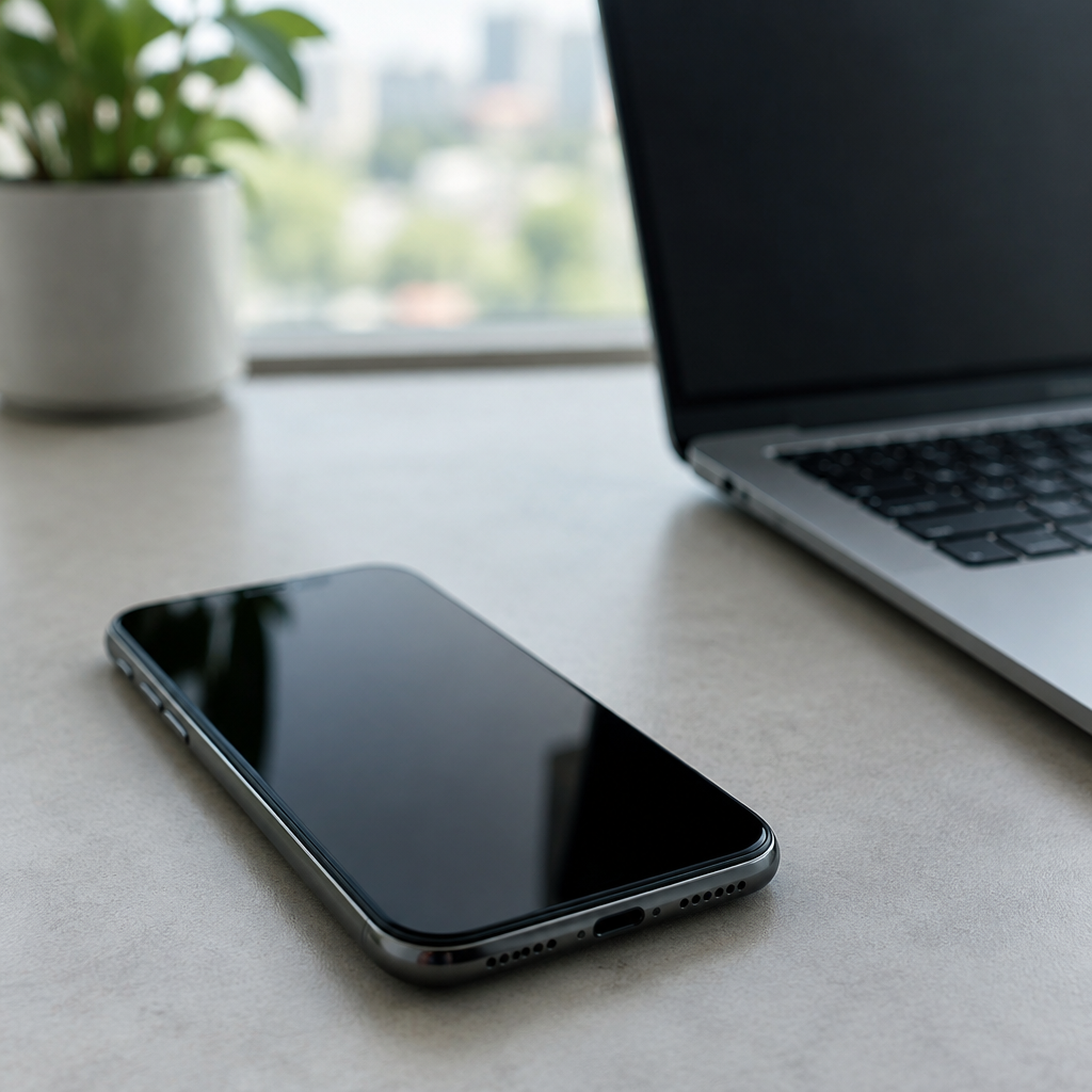 Smartphone and laptop sit on a neutral surface in a well-lit room, screens blank.