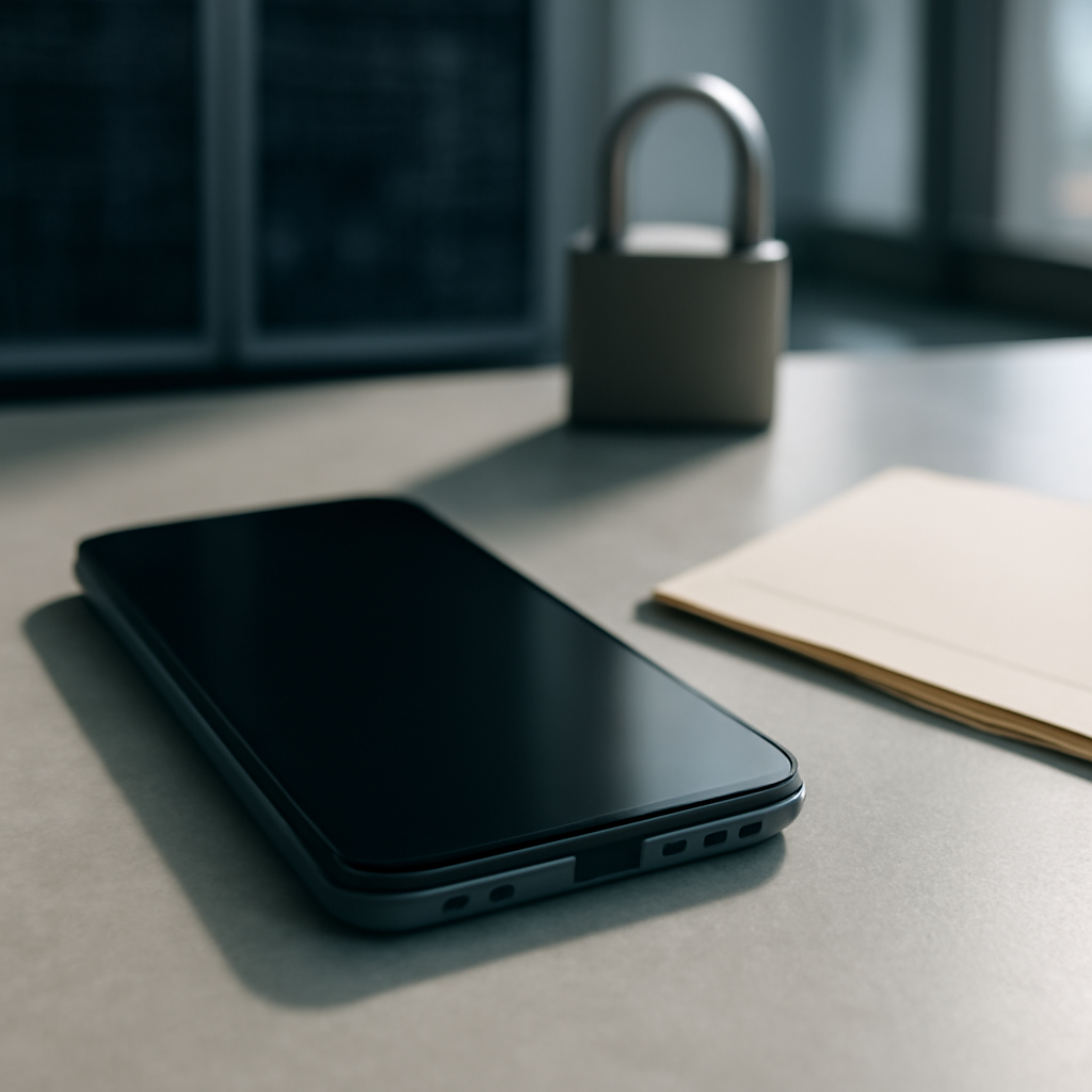 Modern smartphone on a clean surface with a blurred background and a hint of a document nearby.