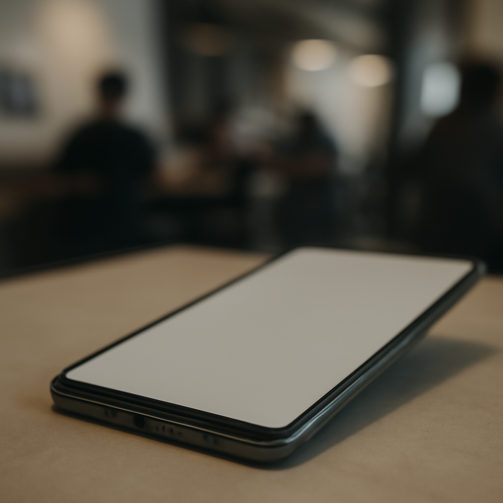 Modern smartphone on a neutral surface with a blurred background.