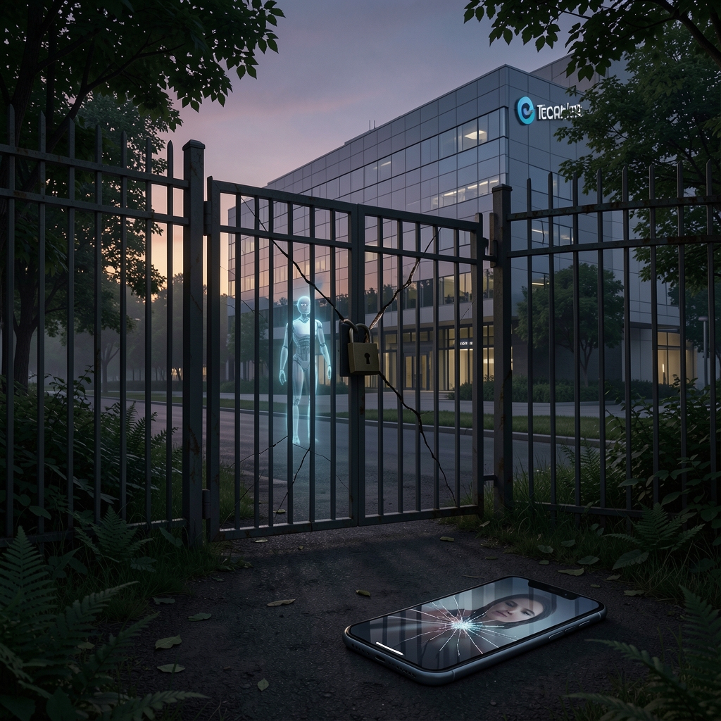 Cracked smartphone lies near padlocked gate with subtle crack, in front of modern tech HQ at dusk.
