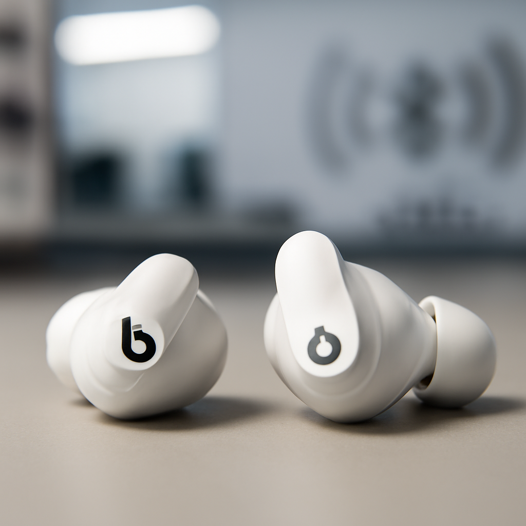 Wireless earbuds sit on a neutral surface, one bud slightly askew, in a blurred tech lab setting.
