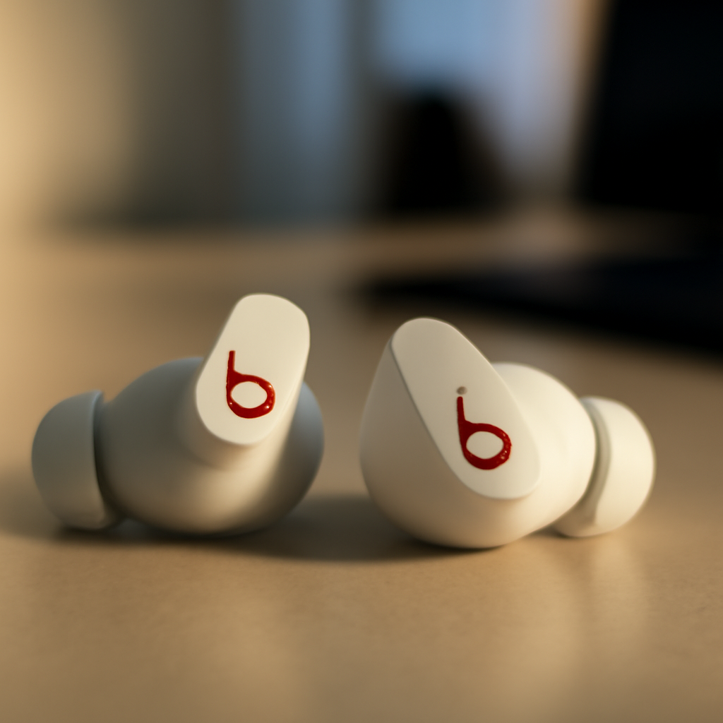 Close-up of Beats Studio Buds earbuds on a neutral surface, highlighting vulnerability.
