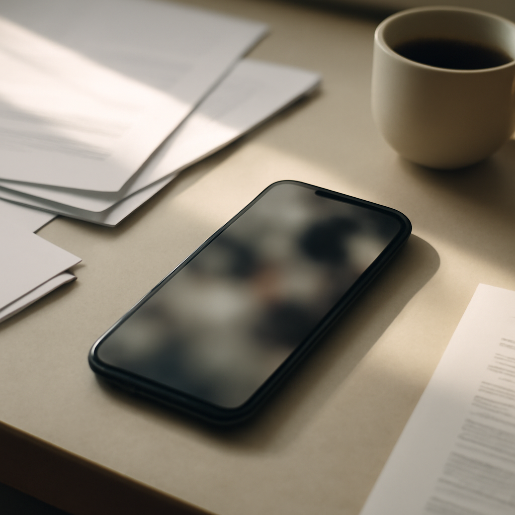 Smartphone with blurred screen on quiet workspace surface surrounded by papers and coffee cup.