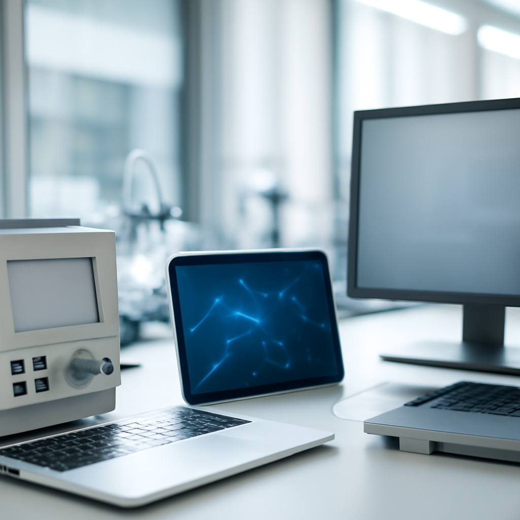 Modern tech lab with devices and equipment on a clean surface under bright daylight.