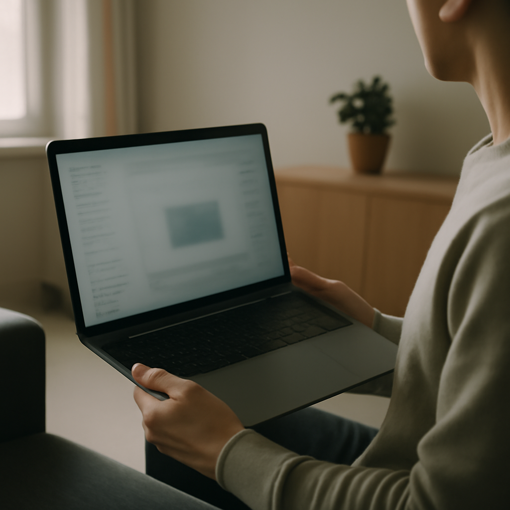 Person holding laptop with blurred screen, conveying vulnerability and digital security concerns.