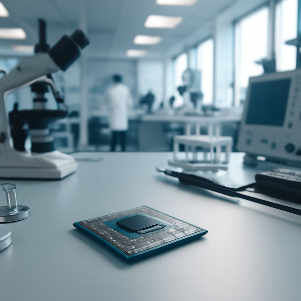 A sleek computer chip on a clean workbench surrounded by scientific instruments and tools in a bright laboratory setting.