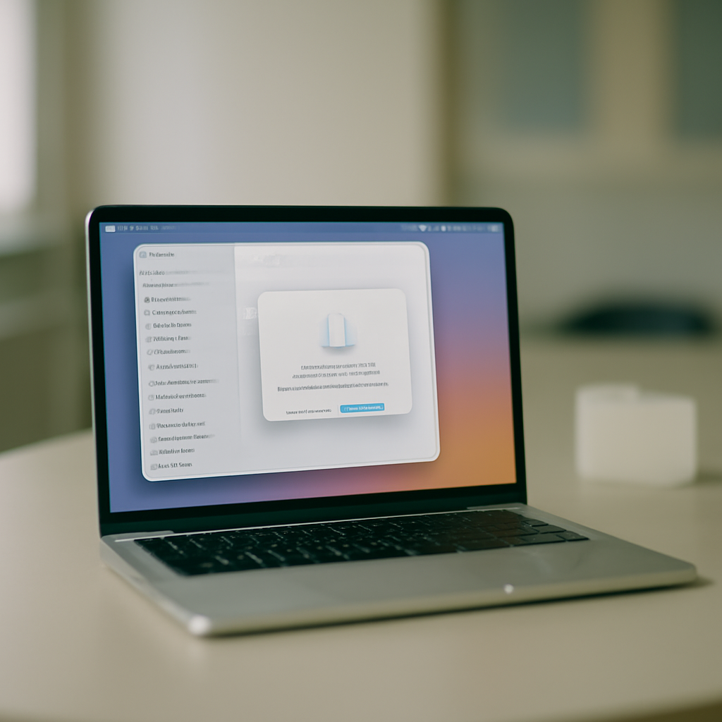 MacBook on a desk with settings page on screen and folder icon nearby.