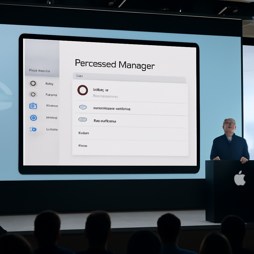 Apple conference setting with presenter at podium, large screen displaying password manager interface in background.