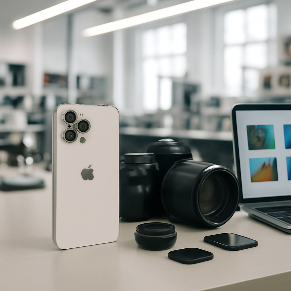 Apple research facility interior with iPhones and camera equipment on a workbench.