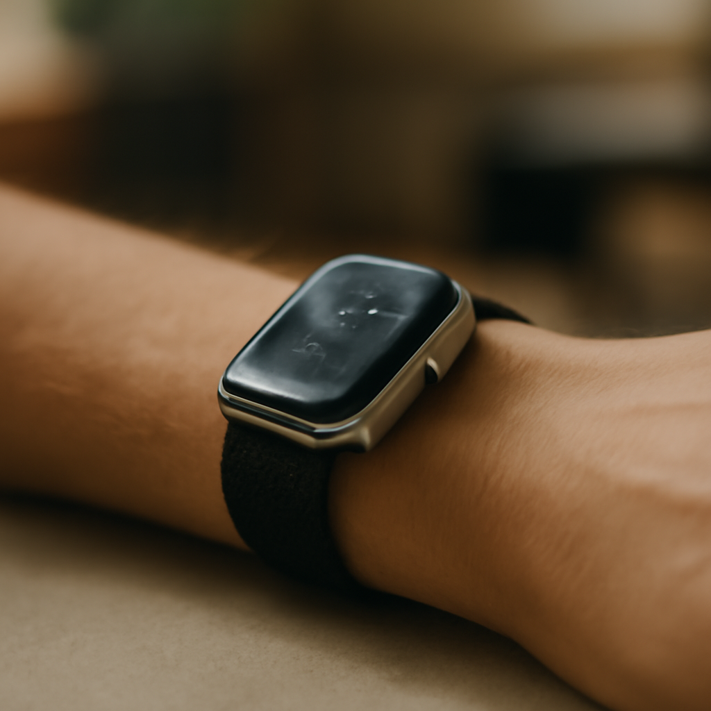Person's wrist with Apple Watch in everyday setting with soft daylight.