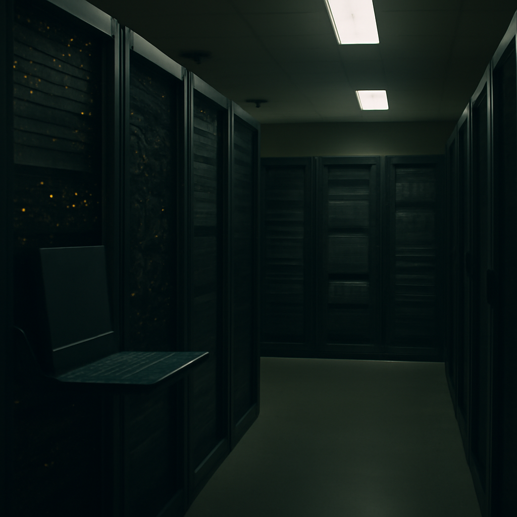 Dimly lit server room with rows of networking equipment and servers.