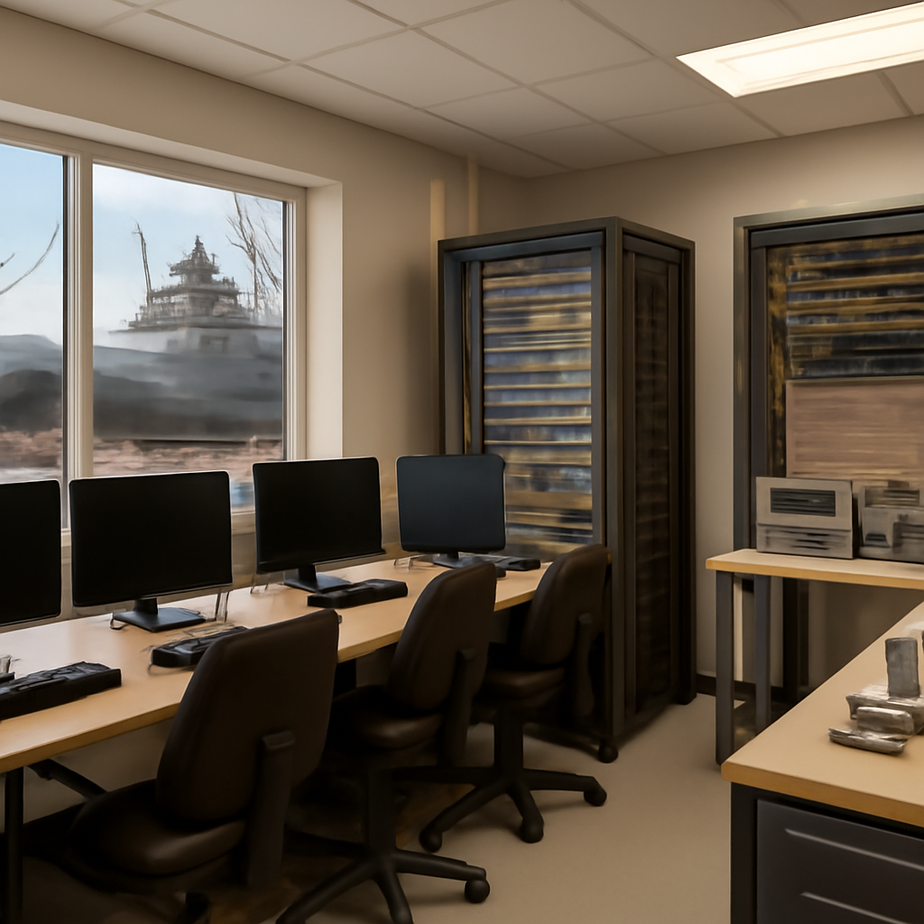Brightly-lit naval shipbuilder's facility with network operations room and industrial control systems.