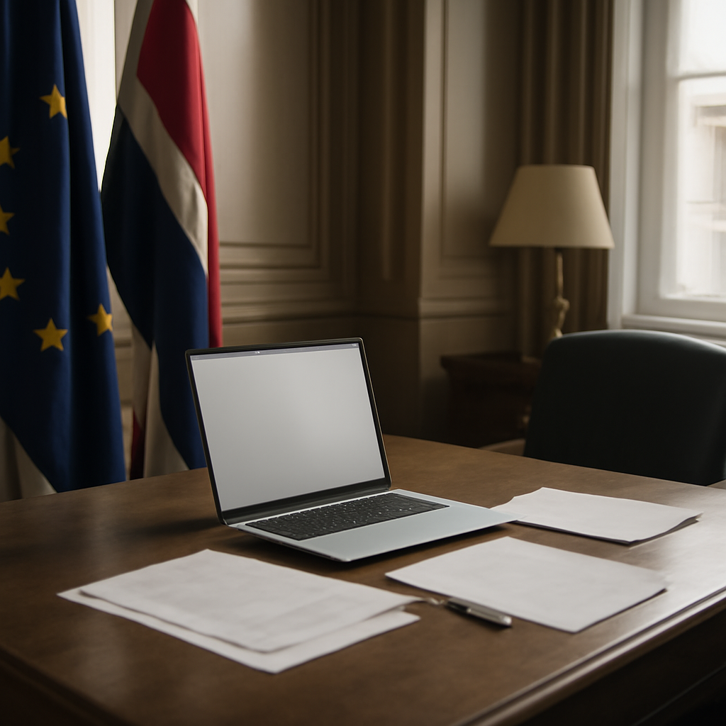 A European government office with a laptop and papers on a desk near a window.