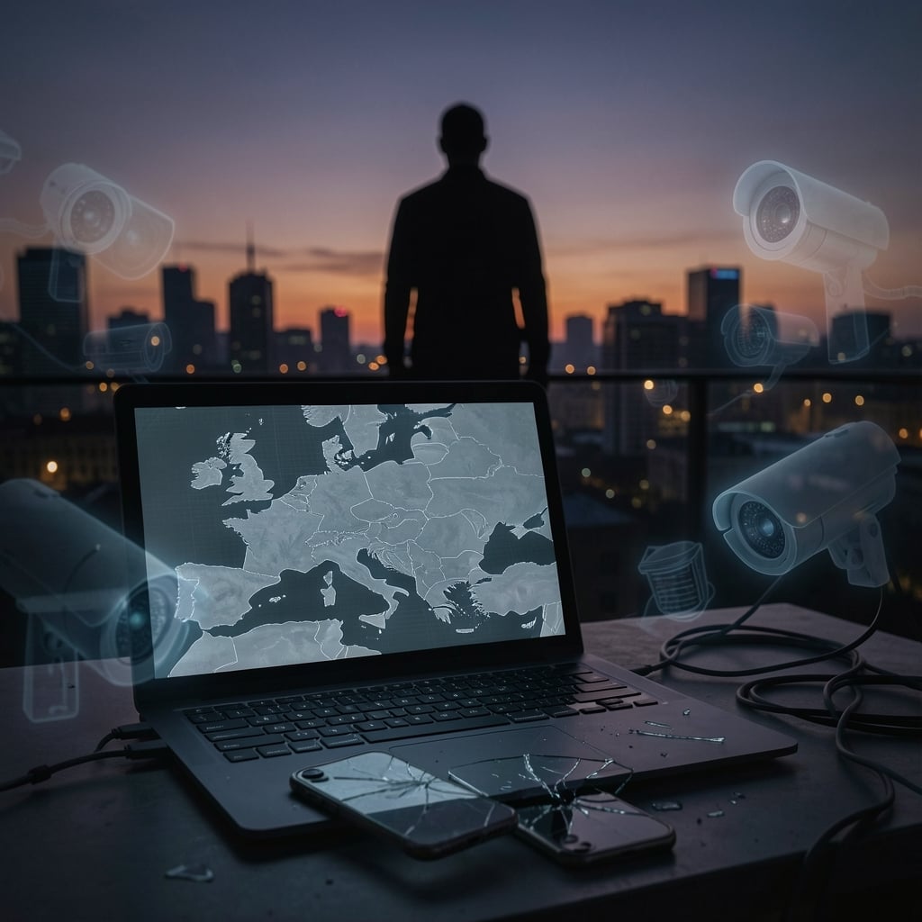 Shadowy figure looms over dimly lit cityscape, laptop screen displays Eastern Europe map, nearby smartphone lies broken.