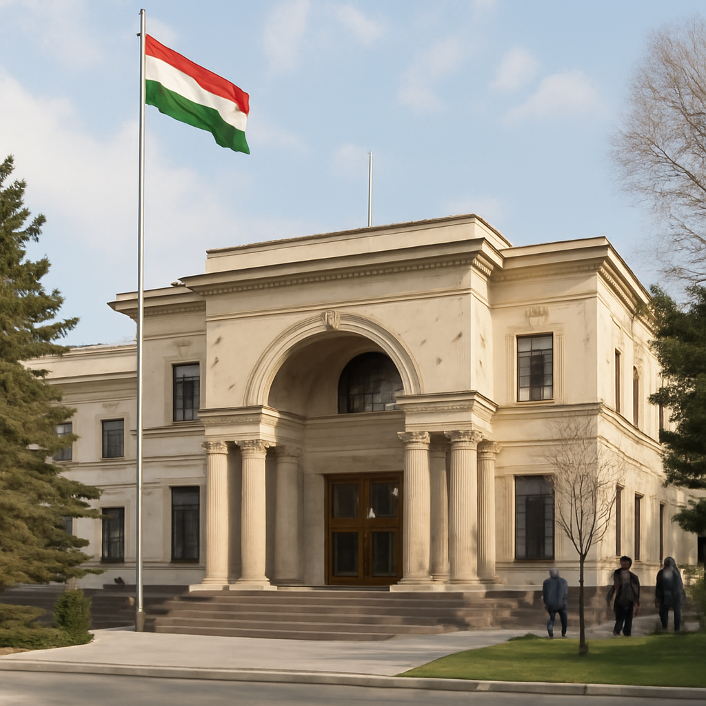 Formal embassy building with national flag in Central Asia at daylight.