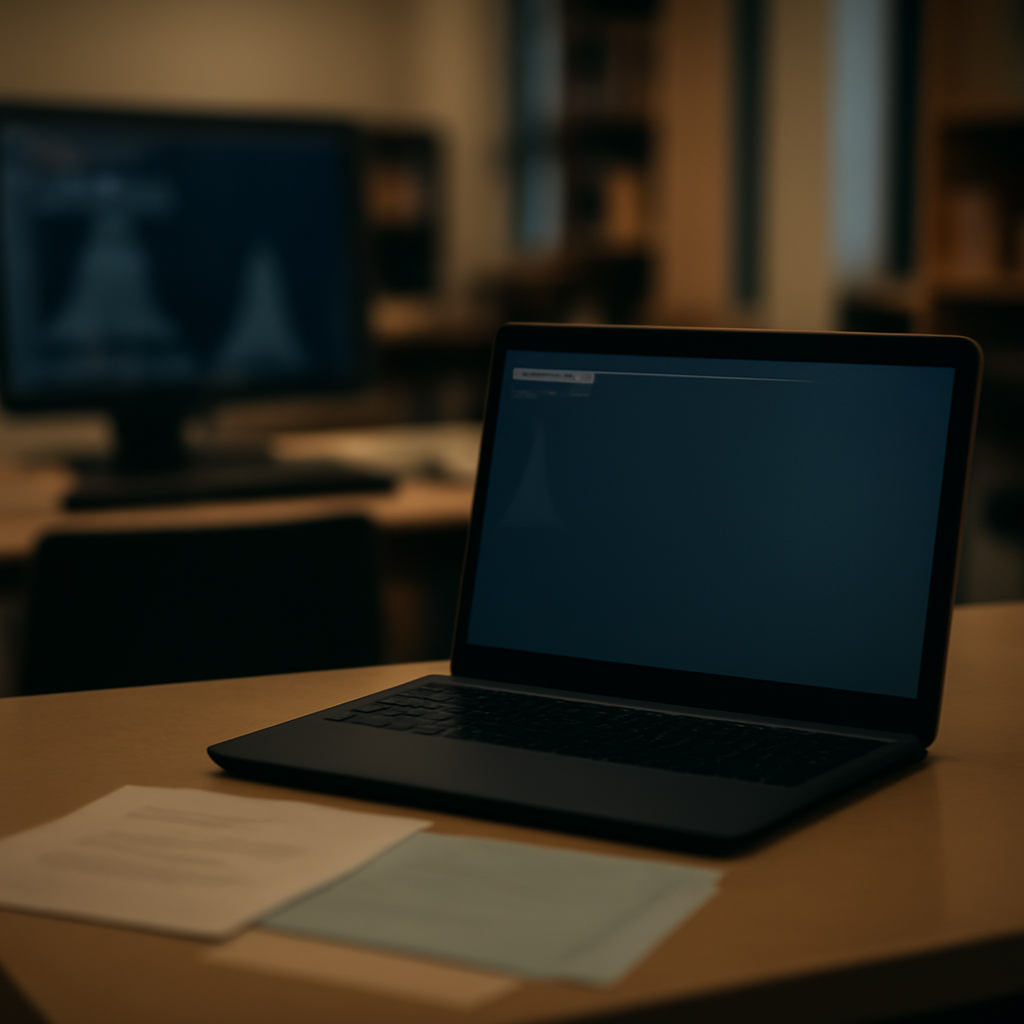 Dimly lit computer terminal in a quiet workspace with blurred background elements.