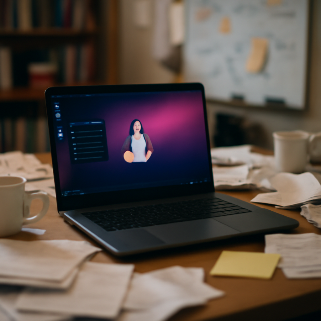 Cluttered home office workspace with a Linux workstation and laptop in focus.