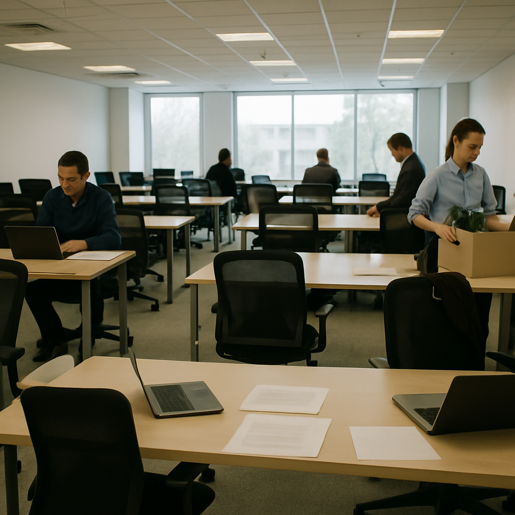 Modern office space with some empty desks and occupied workstations, hinting at recent layoffs.