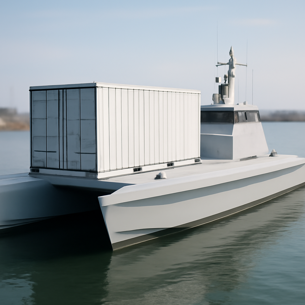 Large catamaran unmanned surface vessel with a loaded shipping container in a calm harbor.