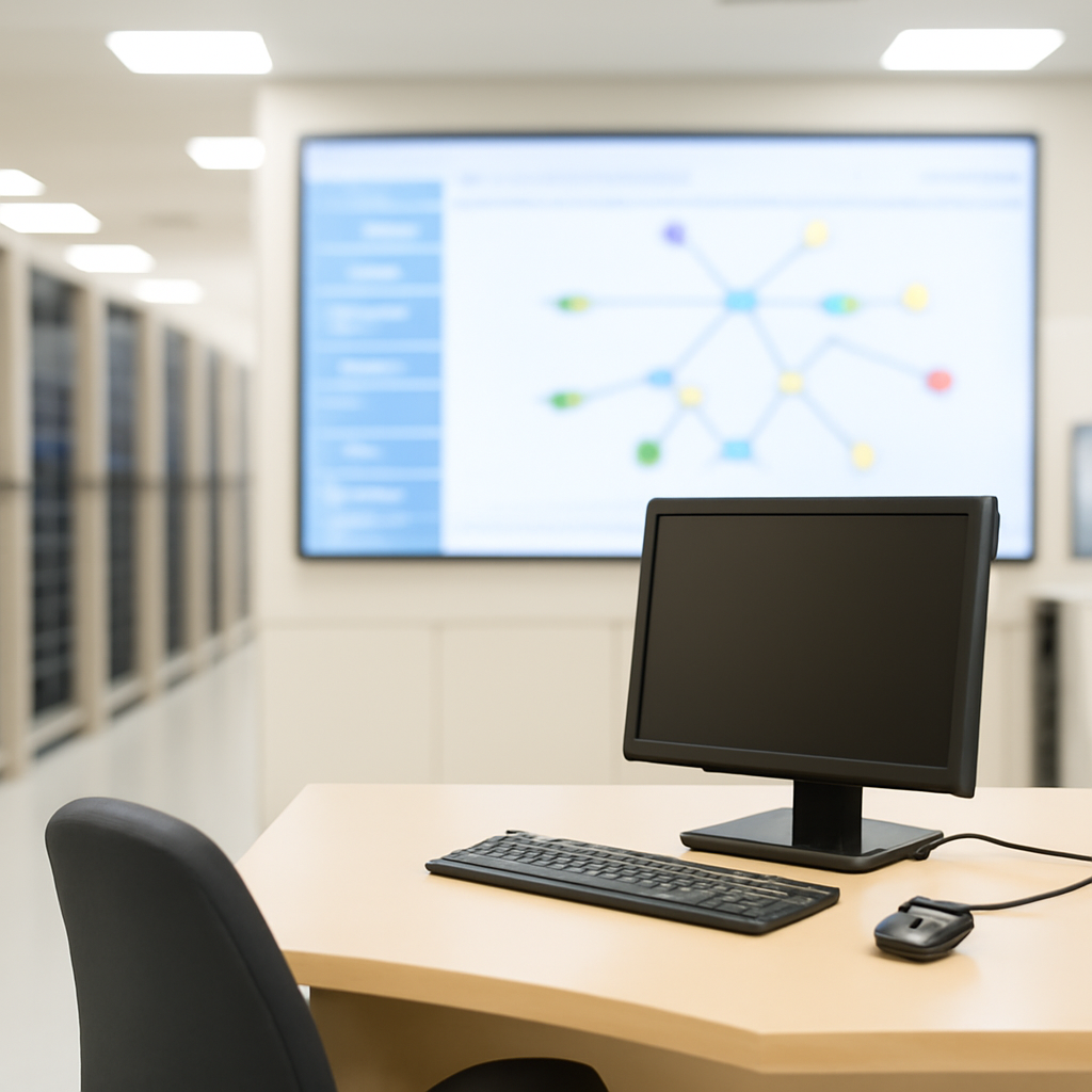 Network operations center with a console in the background and an unoccupied workstation in the foreground.
